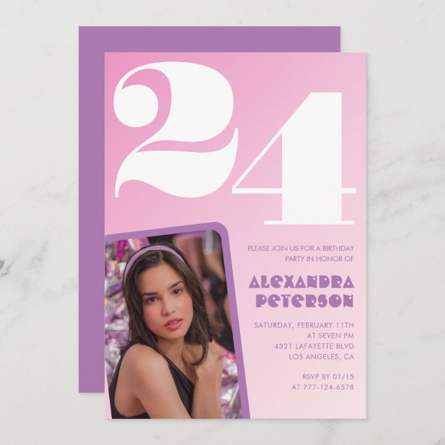 Pink 24th birthday invitations Retro Photo (Front/Back)