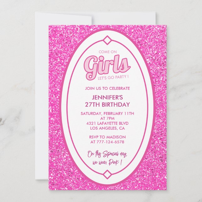 Pink 27th birthday invitations Glitter Girl (Front)