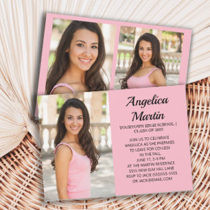 Pink 2-Sided 3 Photo Graduation Party Invitation