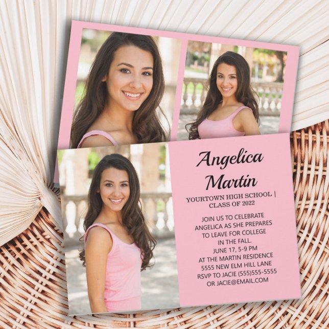 Pink 2-Sided 3 Photo Graduation Party Invitation (Creator Uploaded)