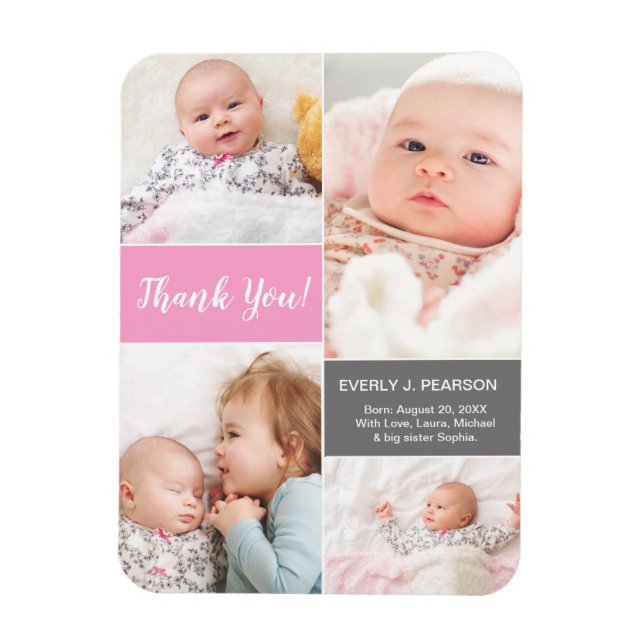 Pink 2nd Baby girl Photo Collage Thank you Custom Magnet (Vertical)