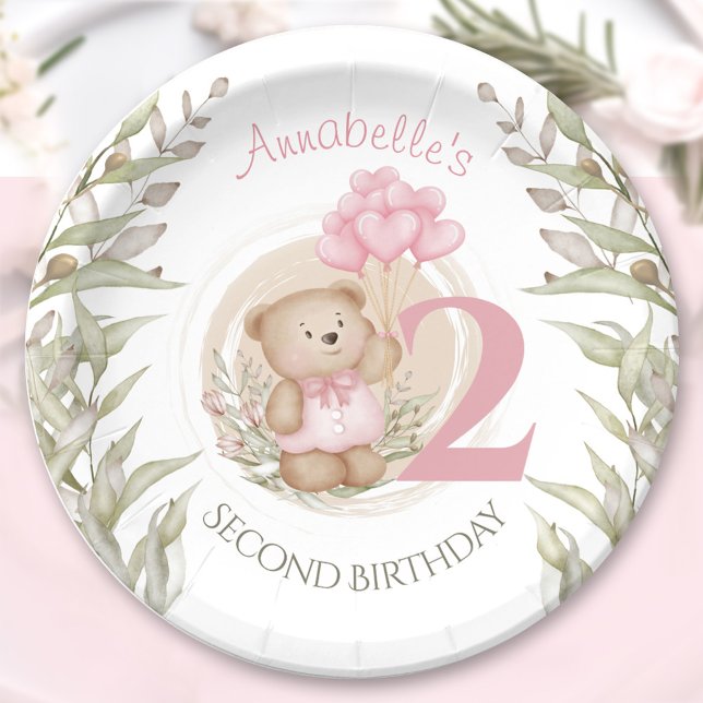 Pink 2nd Birthday Cute Teddy Bear Paper Plates (Pink 2nd Birthday Cute Teddy Bear Paper Plates)