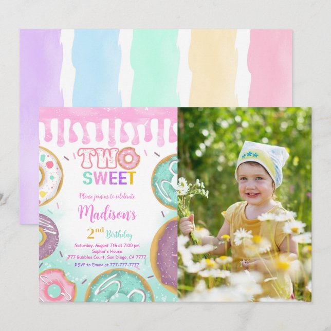 Pink 2nd Birthday Doughnut Party Photo Invitation (Front/Back)
