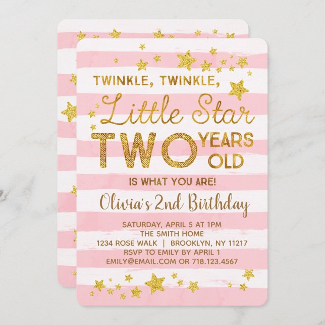 Pink 2nd Birthday Invitation Twinkle Little Star (Front/Back)
