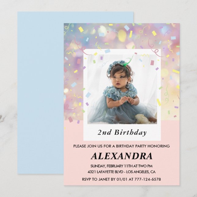 Pink 2nd birthday invitations Confetti Photo  (Front/Back)