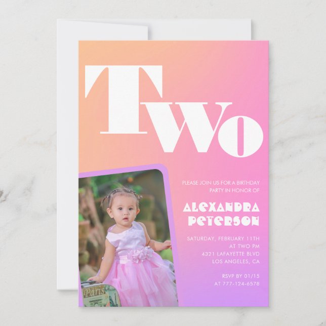 Pink 2nd birthday invitations for her Retro Photo (Front)