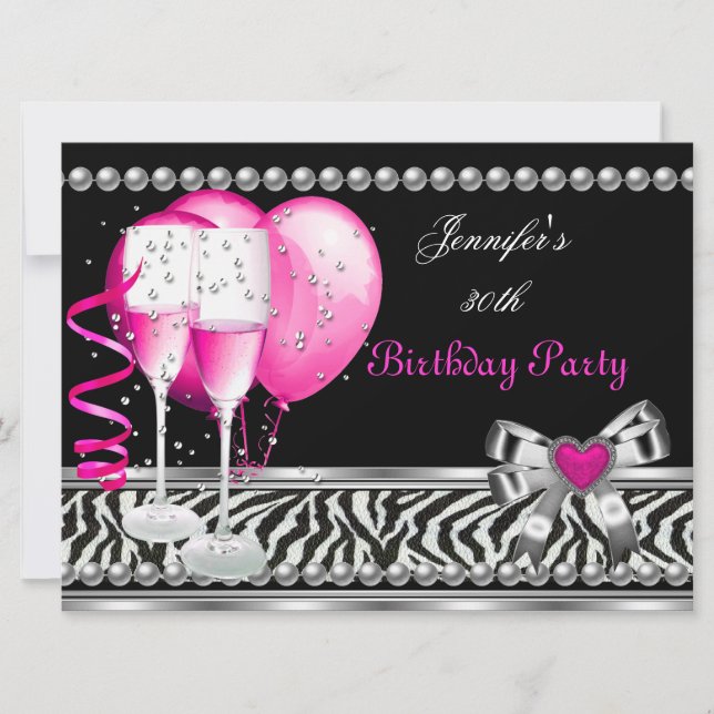 Pink 30th Birthday Party Zebra Black Champagne Invitation (Front)