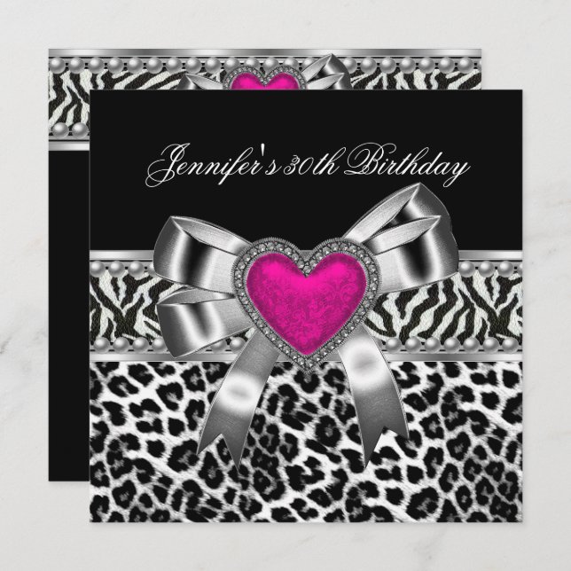 Pink 30th Birthday Party Zebra Black Leopard Invitation (Front/Back)