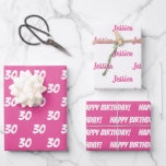 PINK 30th Happy Birthday Custom Name Wrapping Paper Sheet<br><div class="desc">Customise this 30th Birthday Gift Wrap set of 3 with Age, Name, and the Happy Birthday Message. These Pink and White Sheets can accent your 30 year old themed Party Table Decor for her. The Template fields can be edited on the product page for specialised party supplies for the Woman...</div>