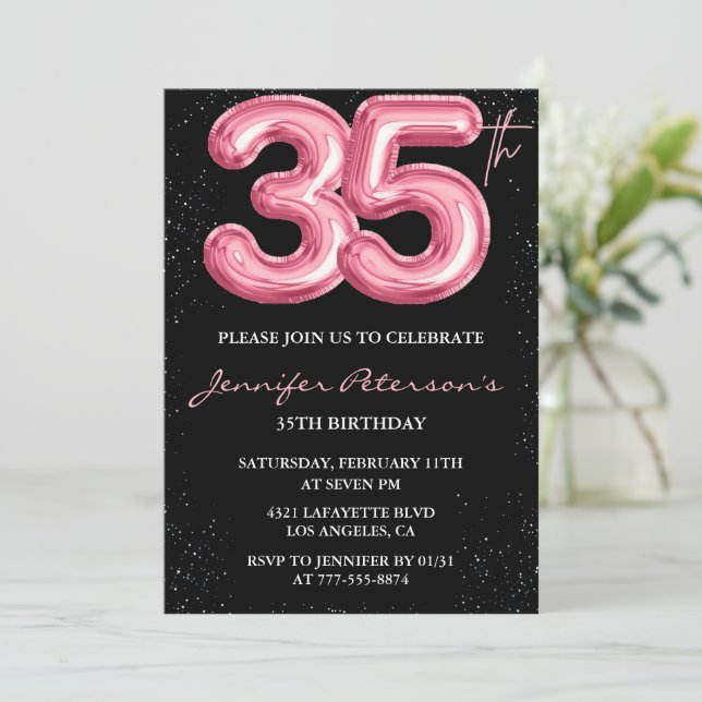 Pink 35th birthday invitations Balloon Glam Black (Standing Front)