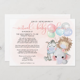 Pink 3 Cute Animals in Masks Virtual Baby Shower Invitation