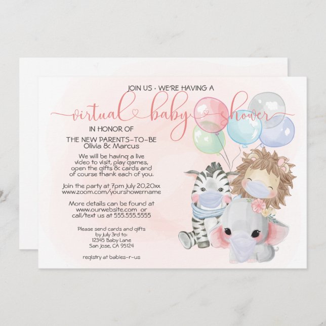 Pink 3 Cute Animals in Masks Virtual Baby Shower Invitation (Front/Back)