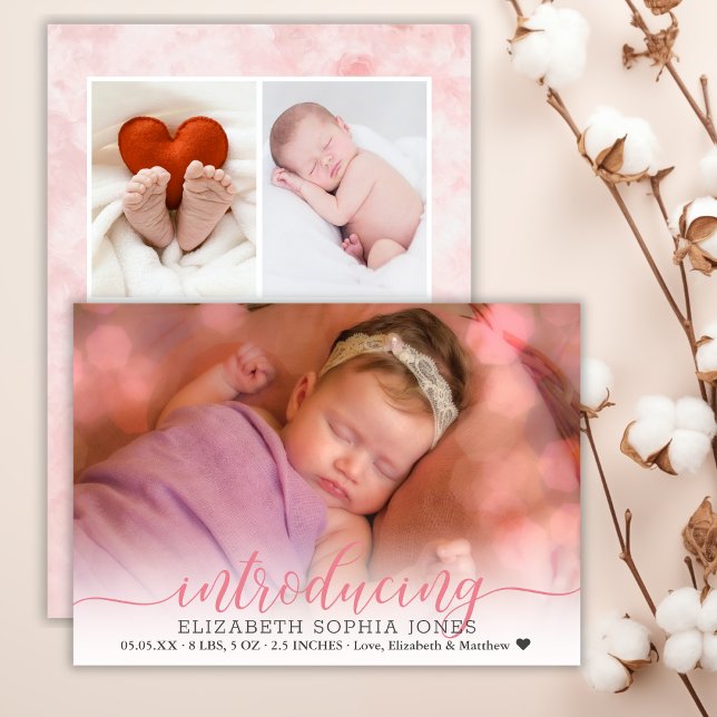 Pink 3 Photo Collage Birth Announcement Card (Creator Uploaded)