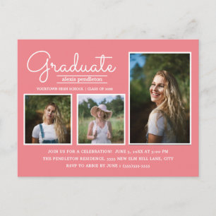Pink 3-Photo Graduation Party Postcard