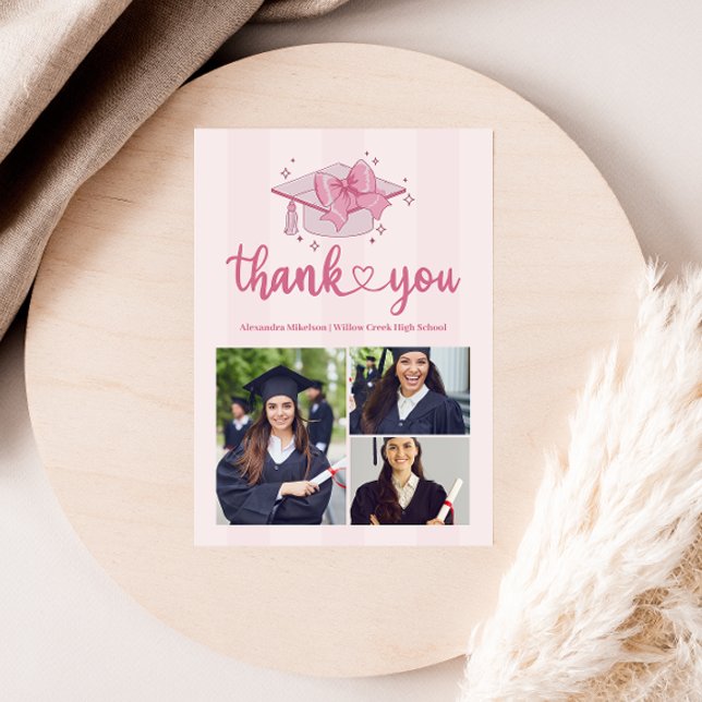 Pink 3 Photos Coquette  Bow Graduation Party Thank You Card (Creator Uploaded)