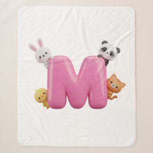 Pink 3D Letter M Medium Sherpa Blanket with Animal
