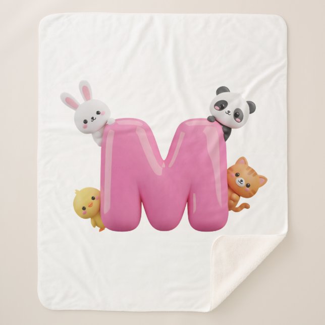 Pink 3D Letter M Medium Sherpa Blanket with Animal (Front)
