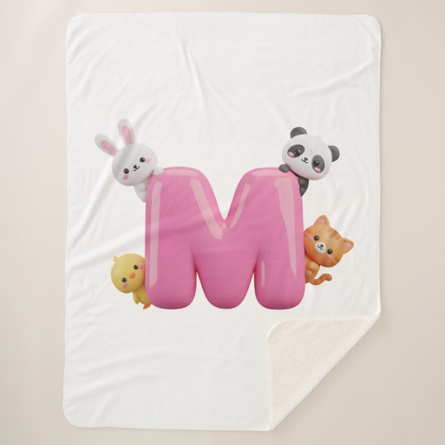 Pink 3D Letter M Sherpa Throw Blanket with Animals (Front)