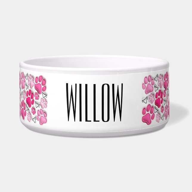 Pink 3D Paw Prints and Hearts Dog Water Food (Front)