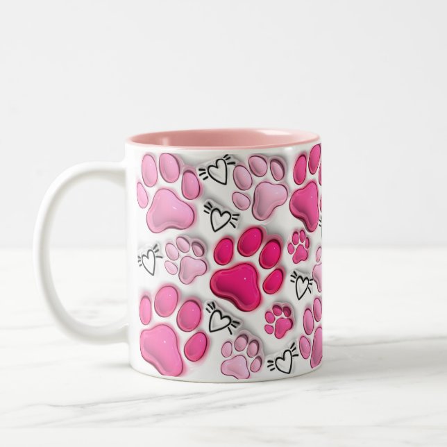 Pink 3D Paw Prints and Hearts  Two-Tone Coffee Mug (Left)