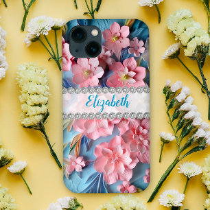 Pink 3D primroses, diamond frame custom iPhone 13 Case
