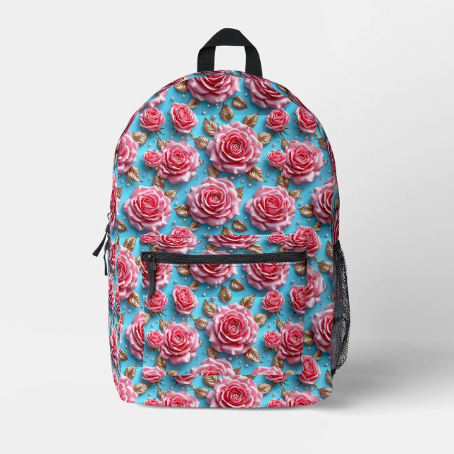 Pink 3d roses printed backpack (Front)