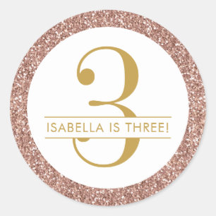 Pink 3rd Birthday Custom Rose Gold Glitter Favour Classic Round Sticker