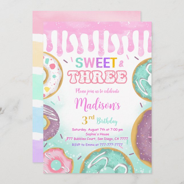 Pink 3rd Birthday Doughnut Party Invitation (Front/Back)