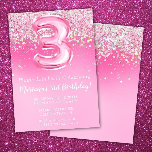 Pink 3rd Birthday Invitation Girly Pink Glitter (Creator Uploaded)