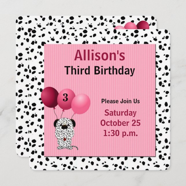 Pink 3rd Birthday Party with Dalmatians Invitation (Front/Back)