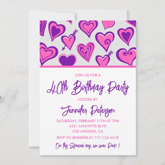 Pink 40th birthday invitations Glam Heart (Front)