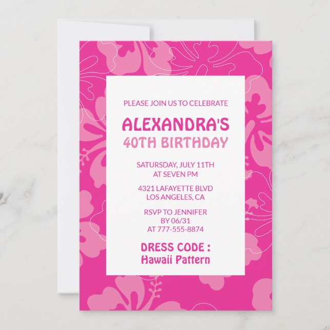 Pink 40th birthday invitations Tropical Hawaii (Front)