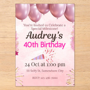 Pink 40th Birthday Theme Acrylic Invitations