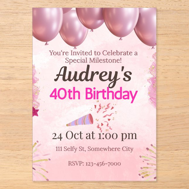 Pink 40th Birthday Theme Acrylic Invitations (Front)