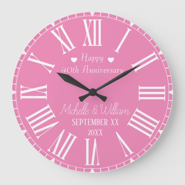 Pink 40th Wedding Anniversary Personalised Large Clock (Front)