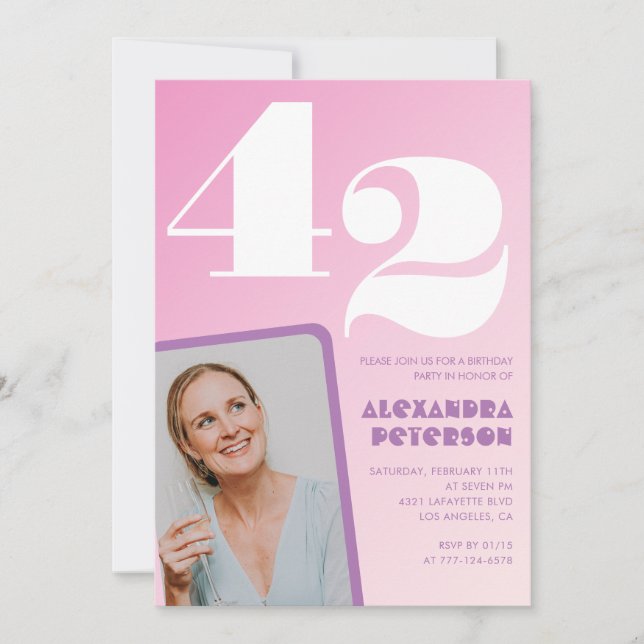 Pink 42nd birthday invitations Retro Photo (Front)