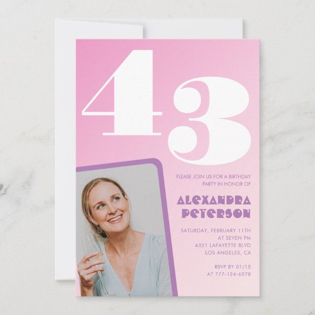 Pink 43rd birthday invitations Retro Photo (Front)