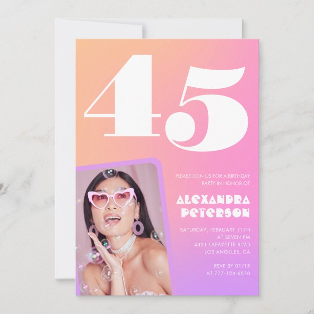 Pink 45th birthday invitations Retro Photo (Front)