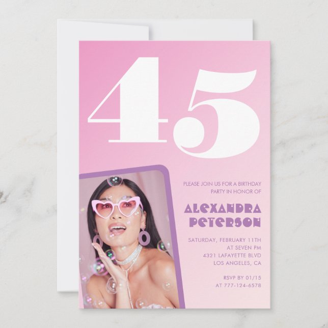 Pink 45th birthday invitations Retro Photo (Front)
