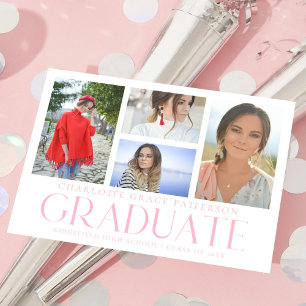 Pink 4 Photo Collage Graduation Announcement Postcard