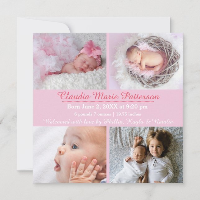 Pink 4 Photos - Birth Announcement (Front)