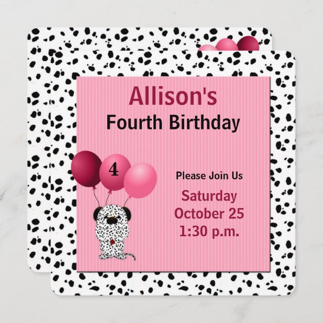 Pink 4th Birthday Party Dalmatian Theme Invitation (Front/Back)