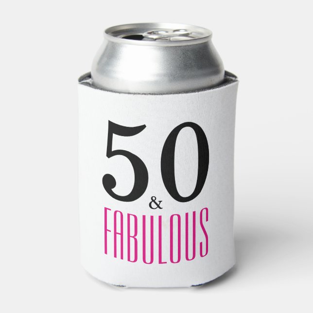 Pink 50 and Fabulous Typography 50th Birthday Can Cooler (Can Front)