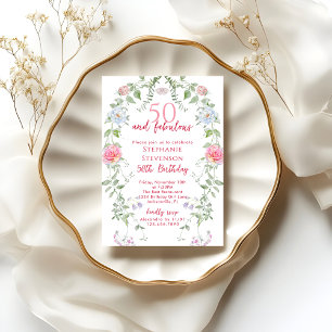 Pink 50 & Fabulous 50th Birthday Garden Tea Party Invitation