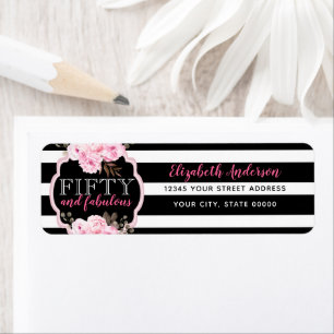Pink 50 & Fabulous Floral Black & White Stripe Return Address Label