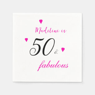 Pink 50 fabulous hearts typography 50th birthday napkin