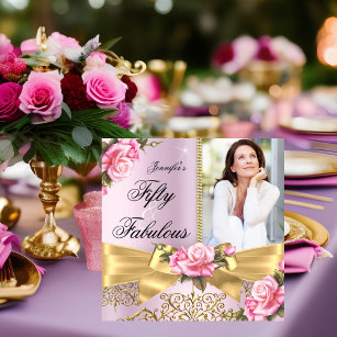 Pink 50 Fabulous Photo Gold Rose Bow Birthday Invitation