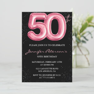 Pink 50th birthday invitations Balloon Glam Black