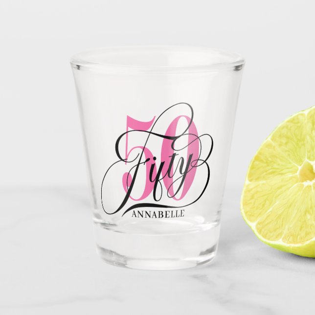 Pink 50th Birthday Typography Shot Glass (Front)