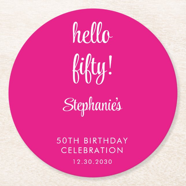 Pink 50th Modern Birthday Round Paper Coaster (Front)